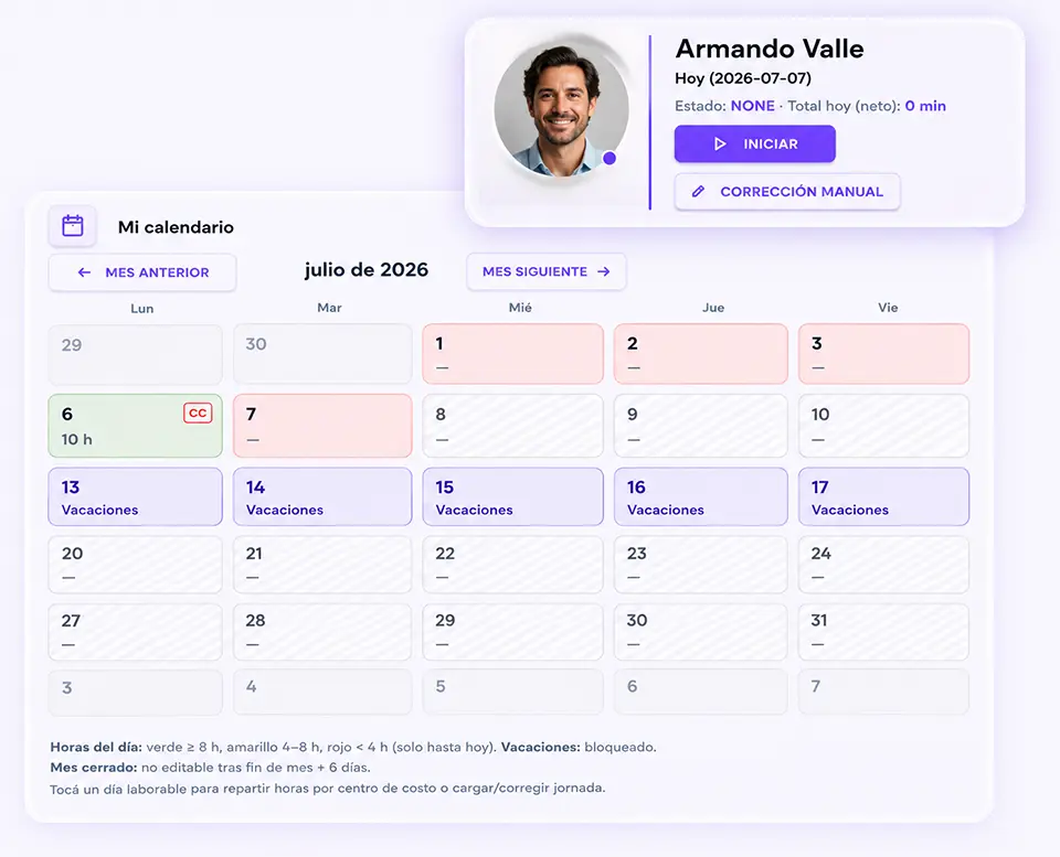 Calendario de asistencia y ausencias en HOLO Humanos con solicitudes de vacaciones pendientes, aprobadas y en revisión