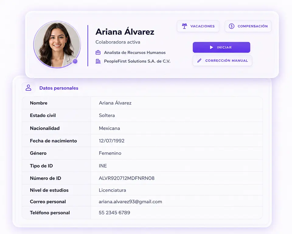 Portal del colaborador en HOLO Humanos: ficha personal con historial de cambios, vacaciones y compensación