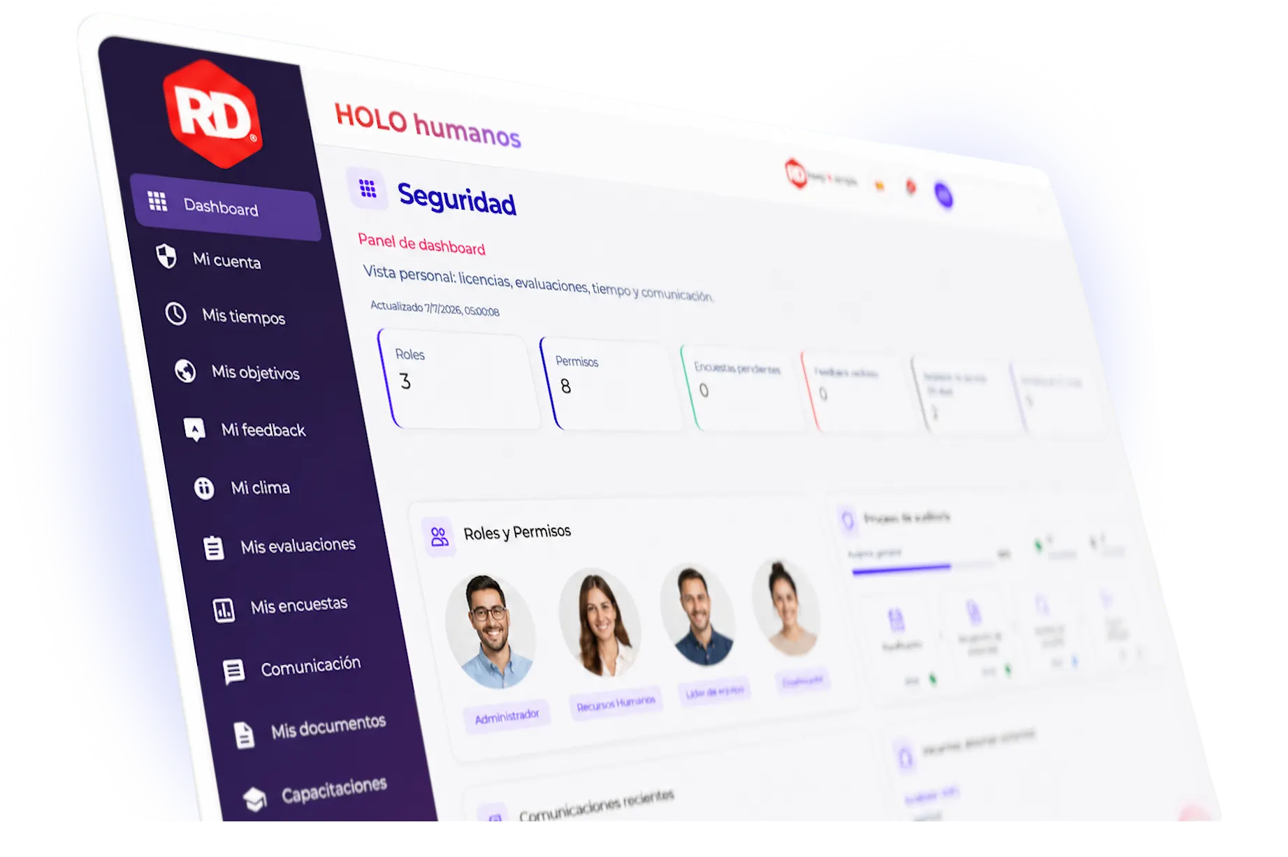 Panel de seguridad de HOLO humanos con roles, permisos y auditoría para información de Recursos Humanos