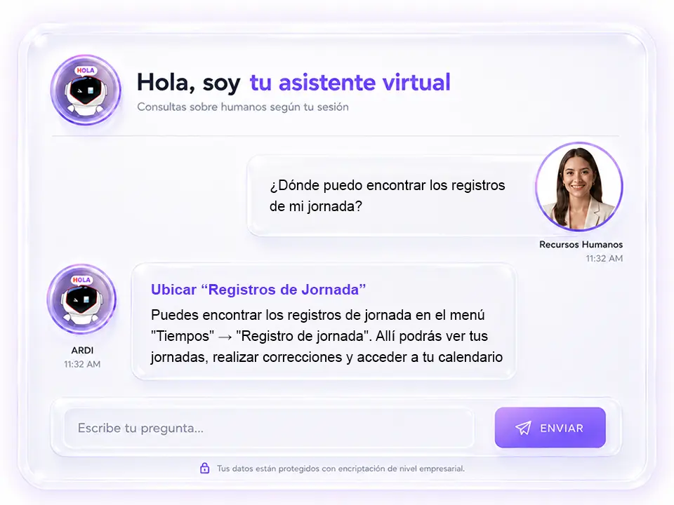 Asistente virtual de HOLO humanos respondiendo consultas de RR.HH. en lenguaje natural dentro de la plataforma