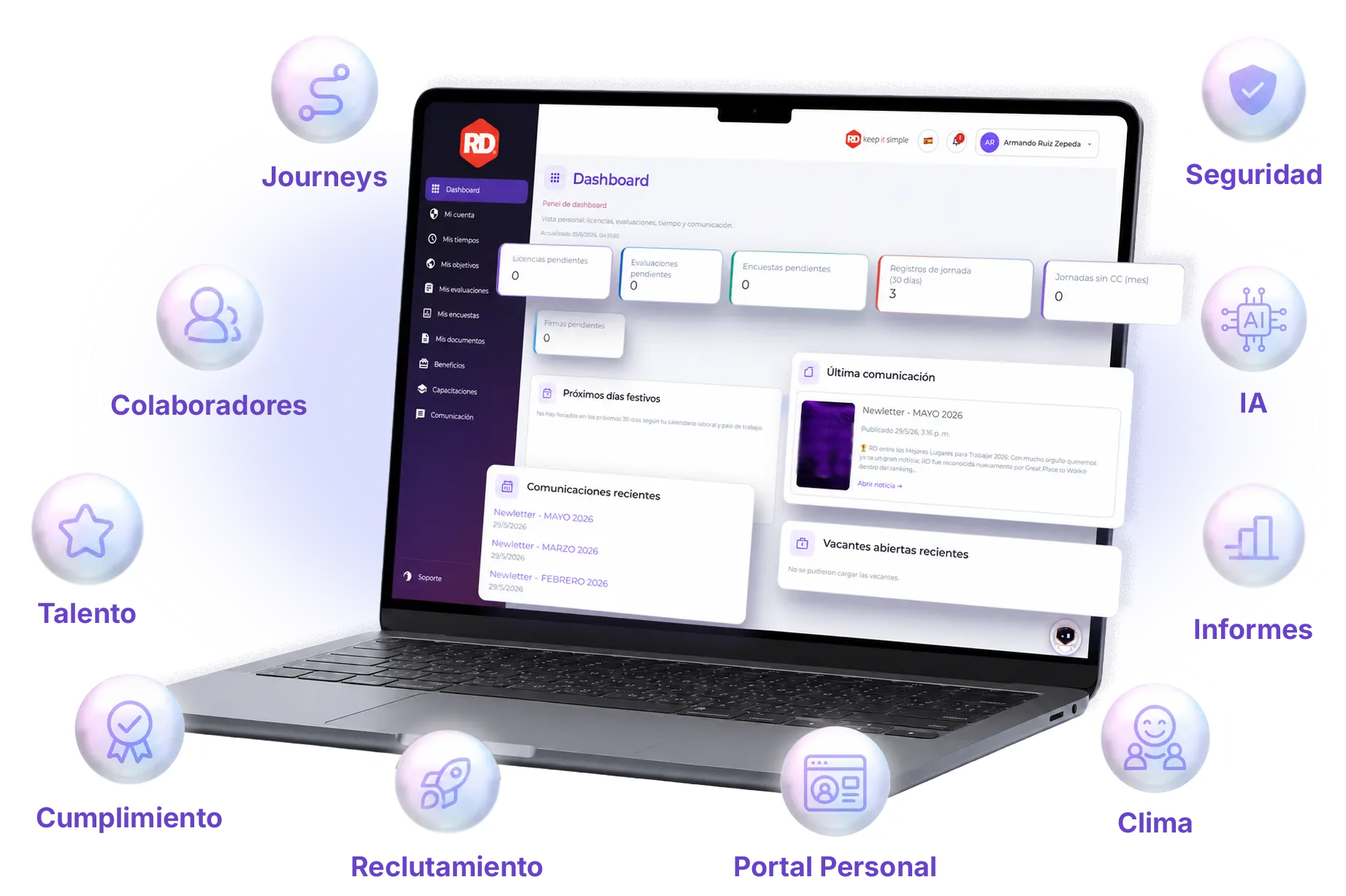 Plataforma HOLO humanos de Recursos Humanos en laptop con módulos de colaboradores, talento, reclutamiento, clima, IA, informes y seguridad