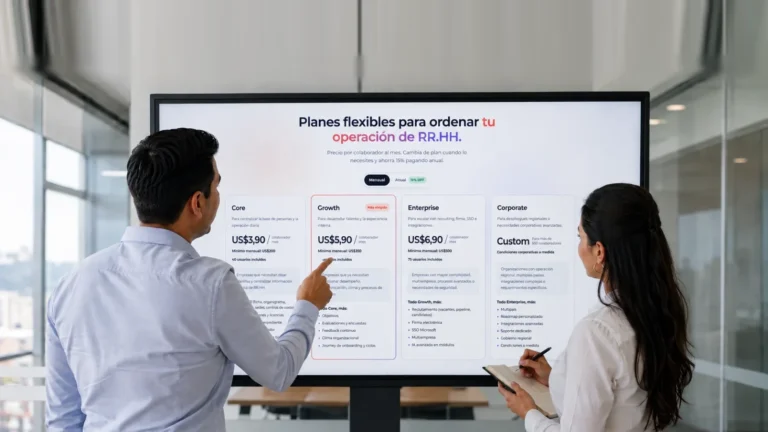 Dos profesionales de RR.HH. revisando los planes y precios de un software de recursos humanos en una pantalla de sala de juntas